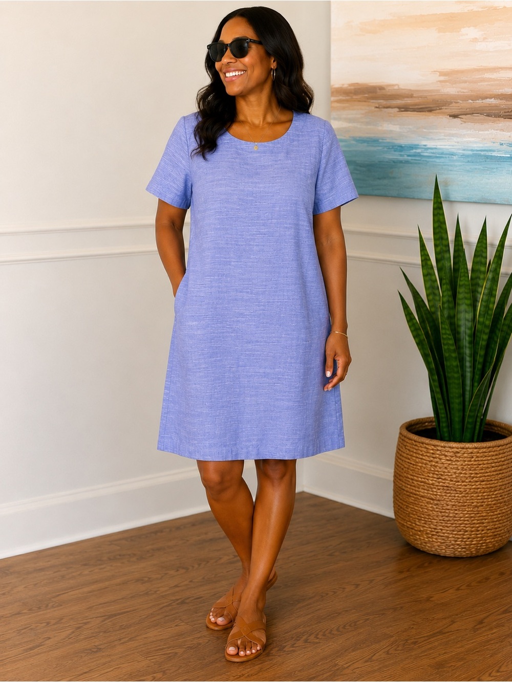 NWT Joules Linen Blend Shift Dress Blue Short Sleeve Pockets US 12